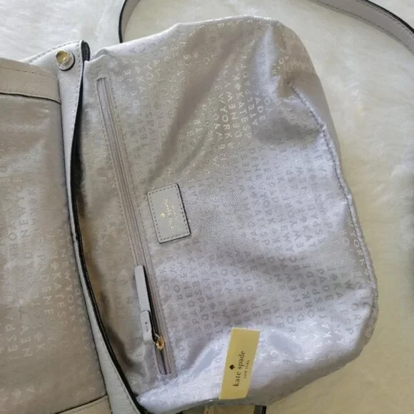 KATE‎ SPADE Light Gray White Leather Top Handle Saddle Convertible Preppy Bag - Picture 7 of 12